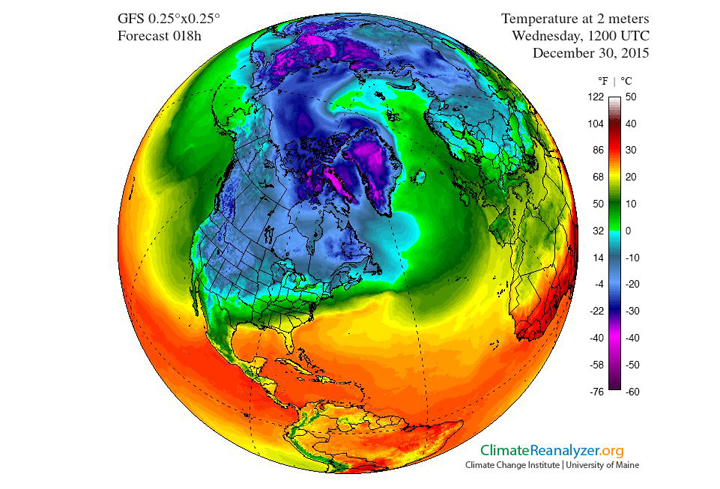 This climate model illustrates the unseasonably warm air over the Arctic on Dec. 30.