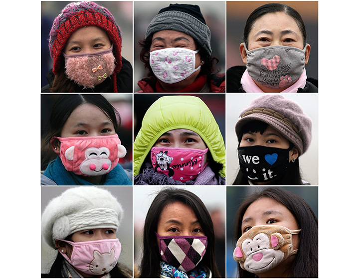 In this combination of photos from the first week of December 2015, women wear masks to protect from air pollutants in Beijing.