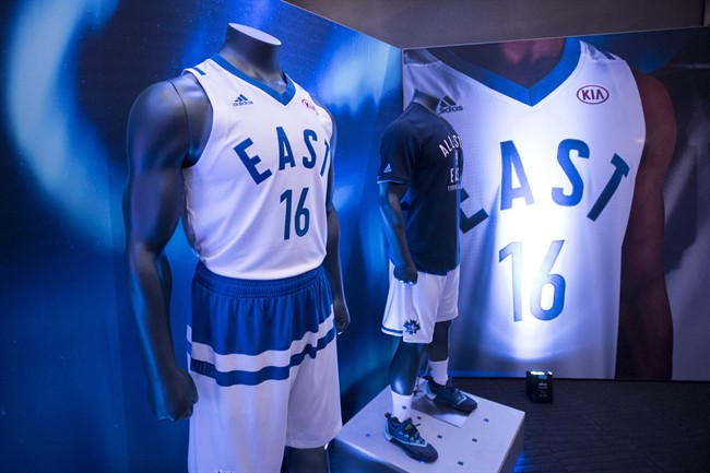 The uniforms for the 2015-2016 NBA All-Star Eastern team are unveiled in Toronto on Wednesday, December 2, 2015. THE CANADIAN PRESS/Darren Calabrese.