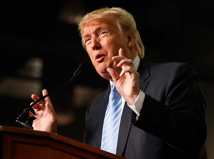 In this Monday, Nov. 23, 2015 file photo, Republican presidential candidate Donald Trump speaks during a rally at the Greater Columbus Convention Center in Columbus, Ohio. 