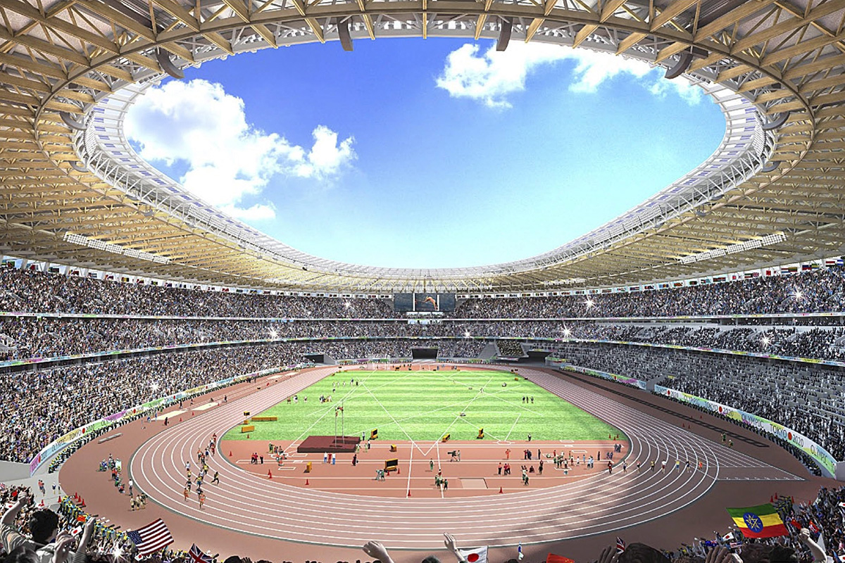 This artist rendering provided by the Japan Sports Council Monday, Dec. 14, 2015 shows the inside of Design “A” proposed by one of two groups competing to build the new Tokyo Olympic stadium. The Japan Sports Council released the designs on Monday and said the winner will be chosen this month. It did not identify which companies have proposed which designs.