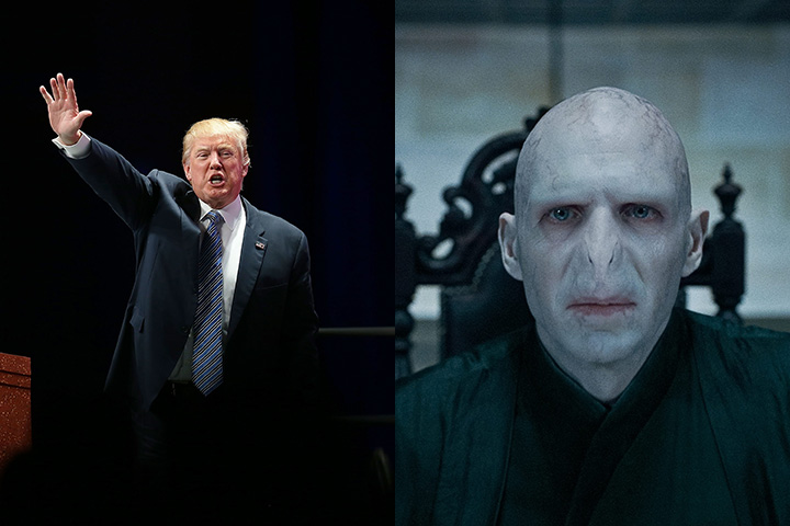 This combo photo shows Republican presidential candidate Donald Trump (L) and Harry Potter’s archenemy Lord Voldemort.