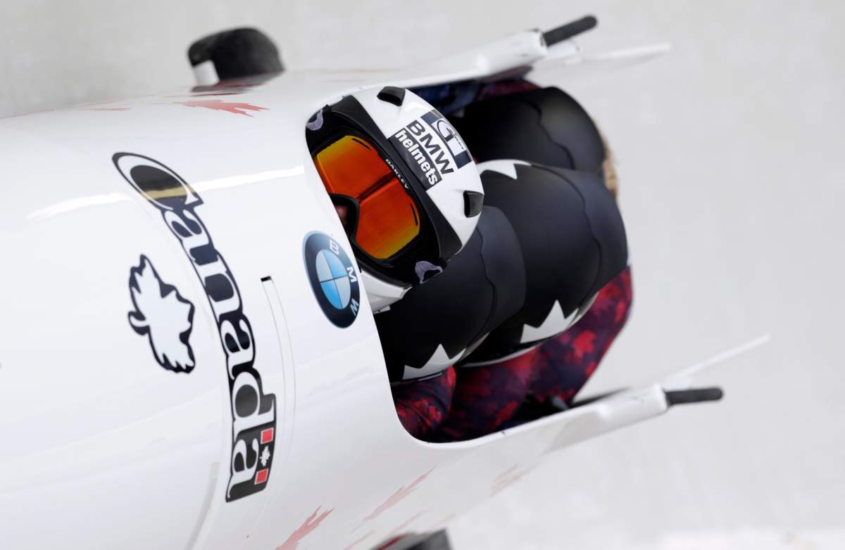 Driver Kaillie Humphries with Cynthia Appiah, Genevieve Thibault and brakeman Melissa Lotholz compete in the four-person bobsled World Cup race on Saturday, Jan. 9, 2016, in Lake Placid, N.Y. They became the first all-female team to compete in a four-person World Cup bobsled race at Mount Van Hoevenberg. 