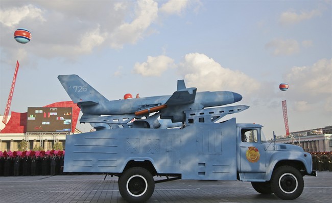 In this Oct. 10, 2015, file photo, a drone is paraded in Pyongyang, North Korea.