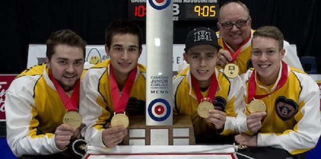 Matt Dunstone poses with his former team after winning the Canadian Junior Men's Curling Championship in January.