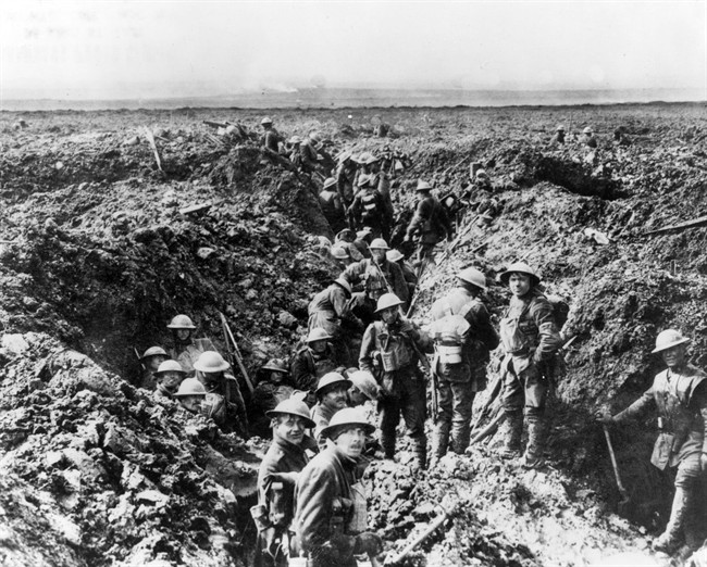 Canadian soldiers man the trenches at Vimy Ridge in 1917 during the First World War. Herbert Hayes was wounded near Vimy in the fall of that year.