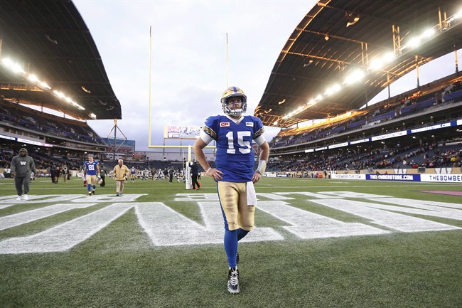 Winnipeg Blue Bombers' quarterback Matt Nichols walks off the field after the Ottawa Redblacks defeated them last October.