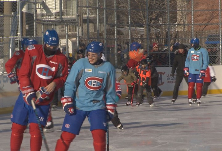 The Montreal Canadiens gather for a rare outdoor practice at the foundation's seventh outdoor ice rink at Parc Émile in Laval, Monday, January 11, 2016.