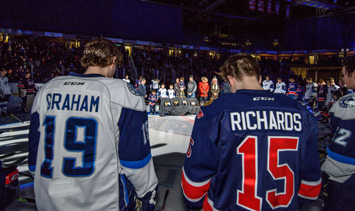 A ceremony in tribute to the victims of the La Loche shooting was held Saturday prior to the Saskatoon Blades game at SaskTel Centre.