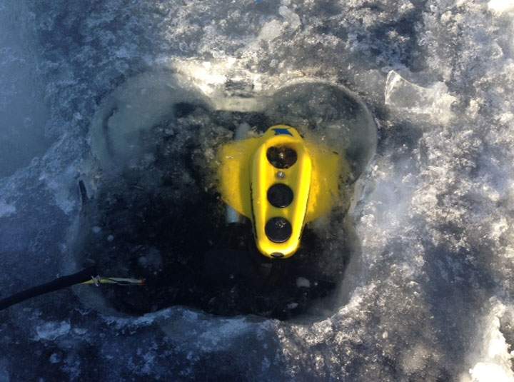 A ROV (remote operated underwater vehicle) continues searching the water of Lac La Ronge for a missing 36-year-old man who's believed to have fallen through the ice.