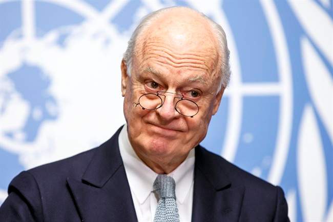 UN Special Envoy of the Secretary-General for Syria Staffan de Mistura informs the media on the Intra-Syrian Talks, during a press conference, at the European headquarters of the United Nations in Geneva, Switzerland, Monday, Jan. 25, 2016. (Salvatore Di Nolfi/Keystone via AP).