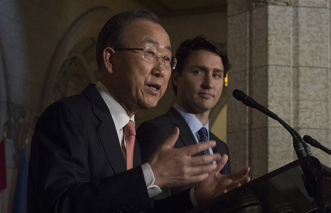 Prime Minister Justin Trudeau and United Nations Secretary General Ban Ki-moon take part in a joint news conference in the Foyer of the House of Commons on Parliament hill in Ottawa, Thursday, February 11, 2016.