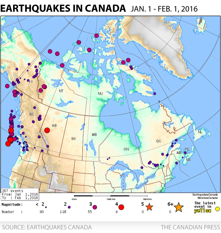 A map showing where the earthquakes hit and their magnitude.