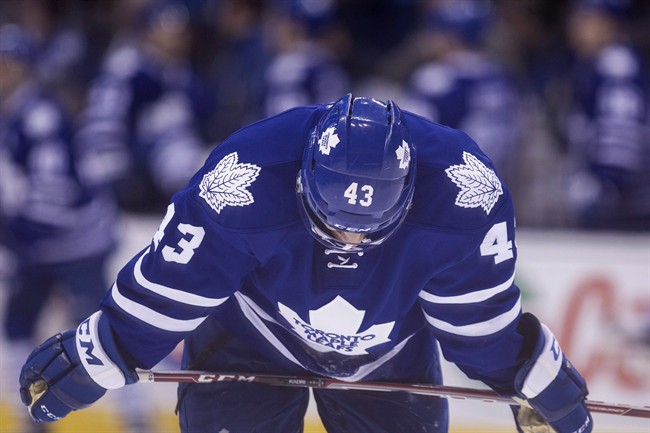 Toronto Maple Leafs' Nazem Kadri reacts at the final buzzer after a 2-3 loss against Nashville Predators in NHL hockey action in Toronto on February 23, 2016. For the first time in more than 40 years, the Stanley Cup playoffs may lack a Canadian team this season.