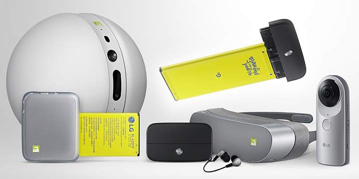 LG G5 with Friends from left, the LG Rolling Bot, LG Cam Plus, H3 buds, Lg HiFi Plus LG 360 VR LG 360 Cam small