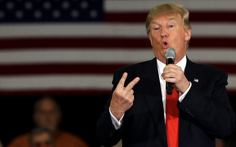 Republican presidential candidate Donald Trump speaks at a campaign stop, Wednesday, March 30, 2016, in Appleton, Wis. 
