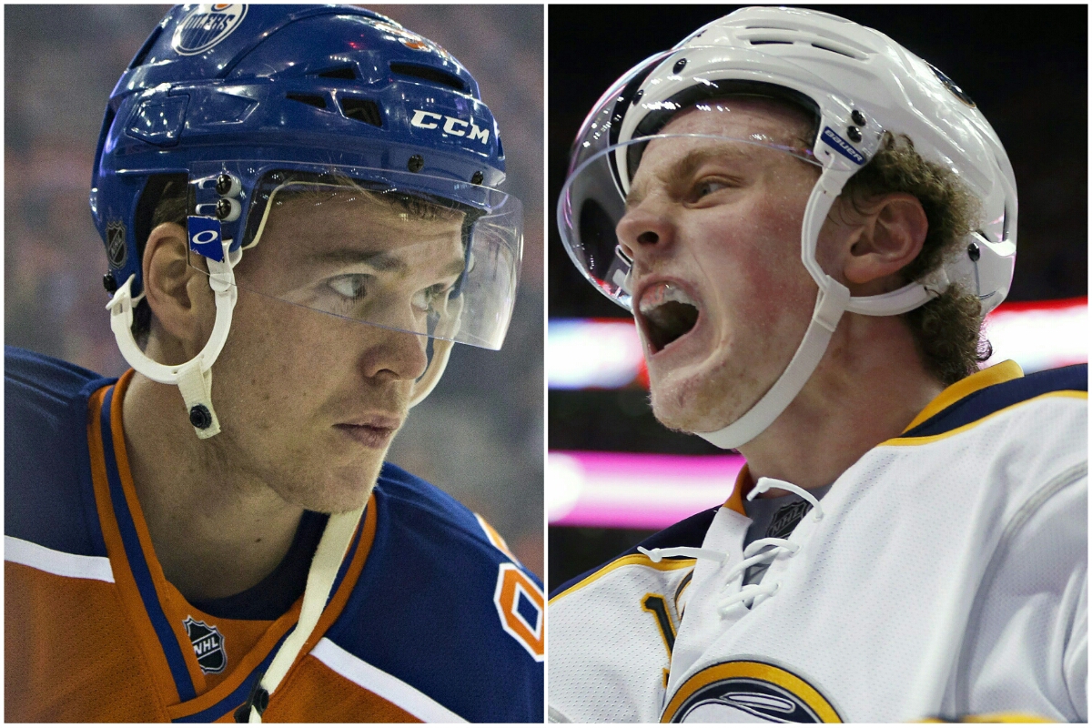 LEFT: Edmonton Oilers' Connor McDavid in Edmonton, Alta., on Thursday October 15, 2015. (The Canadian Press/Jason Franson)
RIGHT: Buffalo Sabres' Jack Eichel celebrates a goal on Saturday, Dec. 26, 2015. (AP Photo/Michael Dwyer).