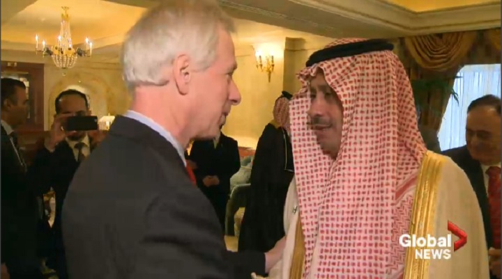 Foreign Affairs Minister Stephane Dion greets Saudi Ambassador Alsudairy at a recent dinner in Ottawa,.