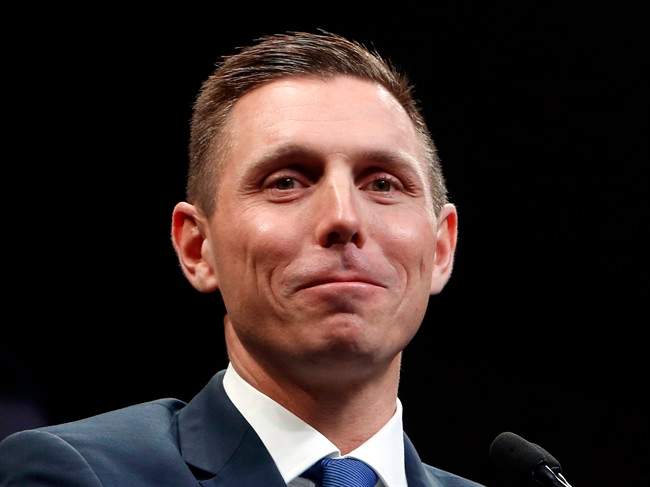 Ontario Progressive Conservative Leader Patrick Brown smiles after delivering a speech at the Ontario Progressive Conservative convention in Ottawa, Saturday , March 5, 2016. 