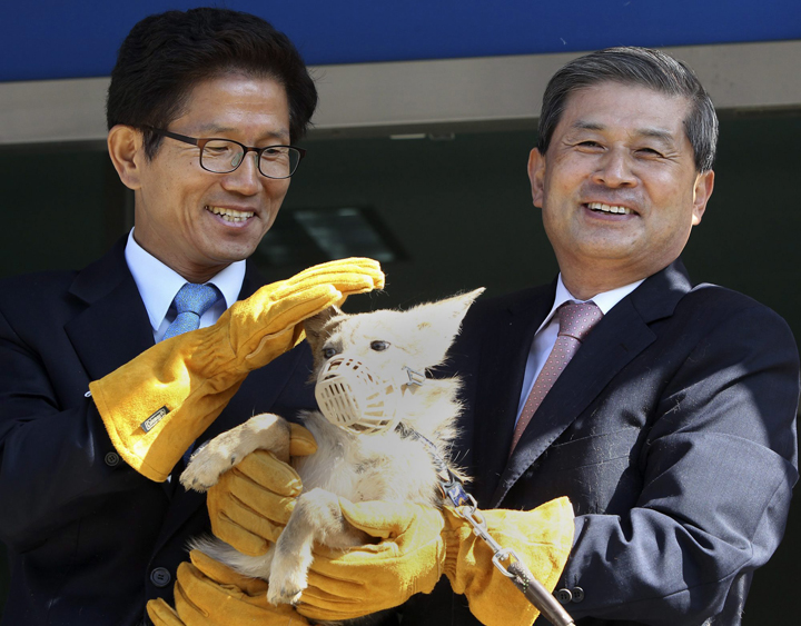 South Korean stem cell scientist Hwang Woo-suk, right, and Gyeonggi Province Governor Kim Moon-su hold a coyote, which was claimed to be cloned, in 2011.