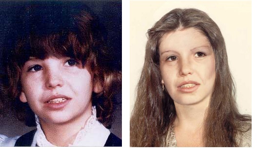 Joanne Pedersen when she went missing (on the left) and what she might look like today (on the right).