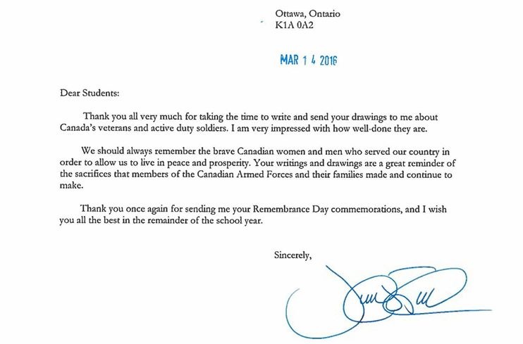 A copy of the letter from Prime Minister Justin Trudeau thanking Saint-Lambert Elementary students for the Remembrance Day artworks, Tuesday, March 22, 2016.