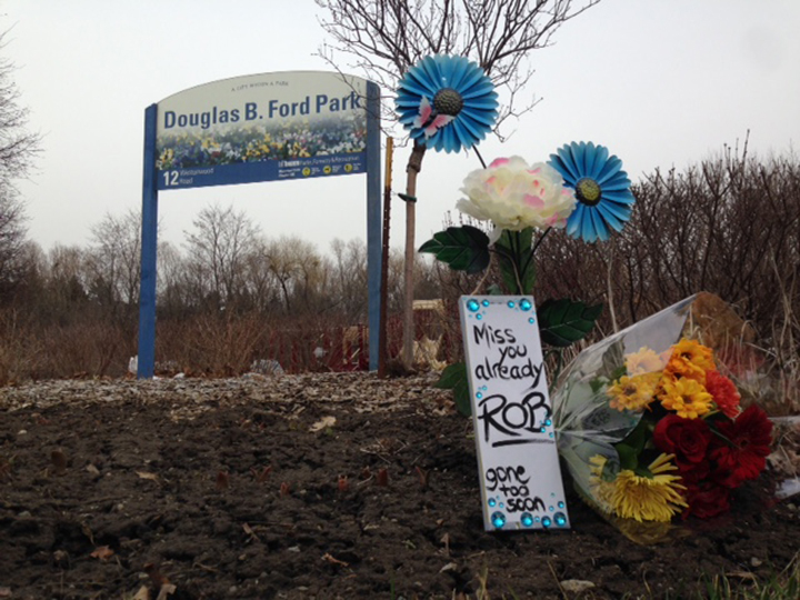 A growing memorial is seen at Douglas B. Ford Park in Etobicoke in honour of Rob Ford on March 22, 2016 (Rick Helinski/Global News).