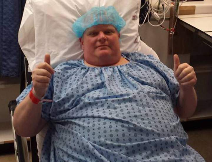Toronto Councillor Rob Ford gives two thumbs up as he poses for a photo before surgery to remove a cancerous tumour from his abdomen in Toronto on May 11, 2015, in this handout photo. The cancer that took the life of former Toronto mayor Rob Ford is among the rarest and most challenging to treat, says a doctor who specializes in a class of tumours called sarcomas.