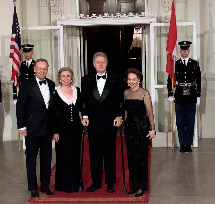 President Bill Clinton and Hillary Clinton pose with Canadian Prime Minister Jean Chretien and his wife Aline at the North Portico of the White House on April 8, 1997.