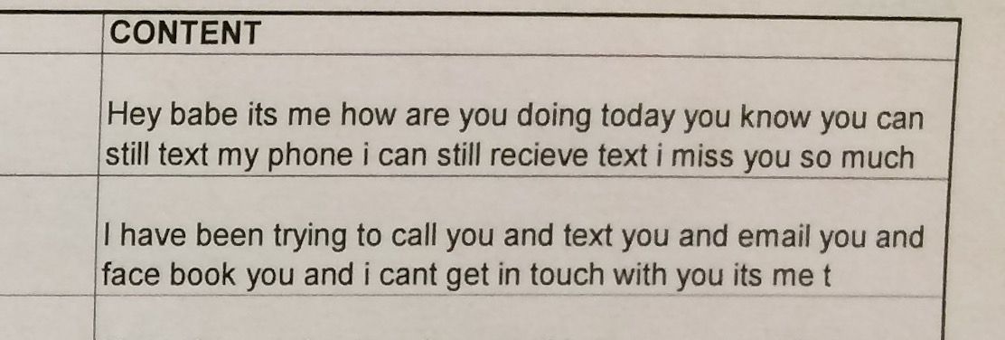 Text messages used in the Travis Vader murder trial, April 13, 2016.