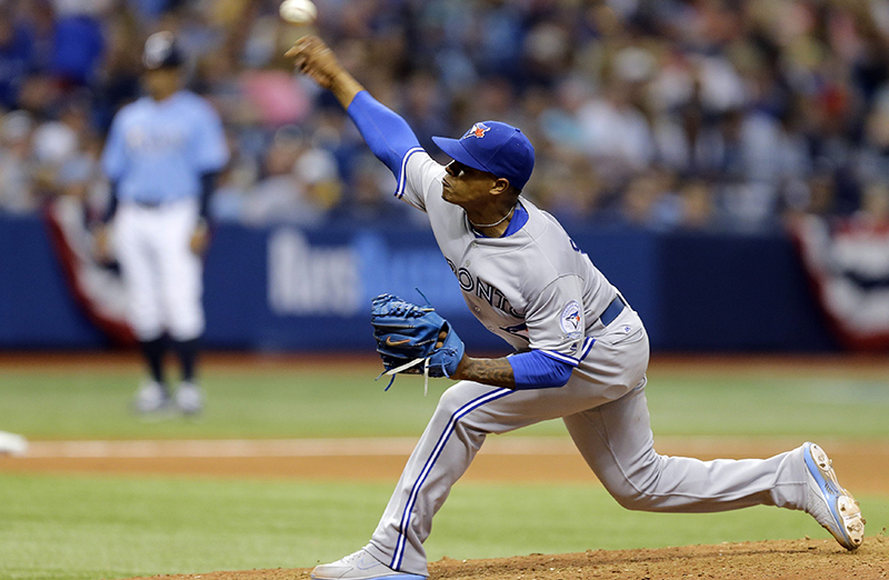 Toronto Blue Jays' Marcus Stroman pitches to the Tampa Bay Rays during the ninth inning of a baseball game, Sunday, April 3, 2016, in St. Petersburg, Fla. 