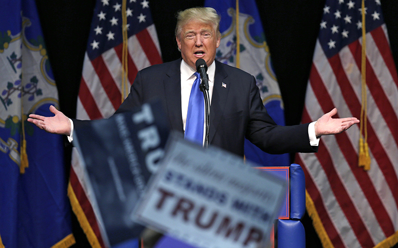 Republican presidential candidate Donald Trump addresses supporters at a campaign event at Crosby High School in Waterbury, Conn., Saturday, April 23, 2016.