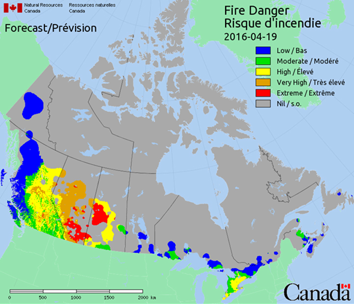 Saskatchewan fire risk map - April 19, 2016.