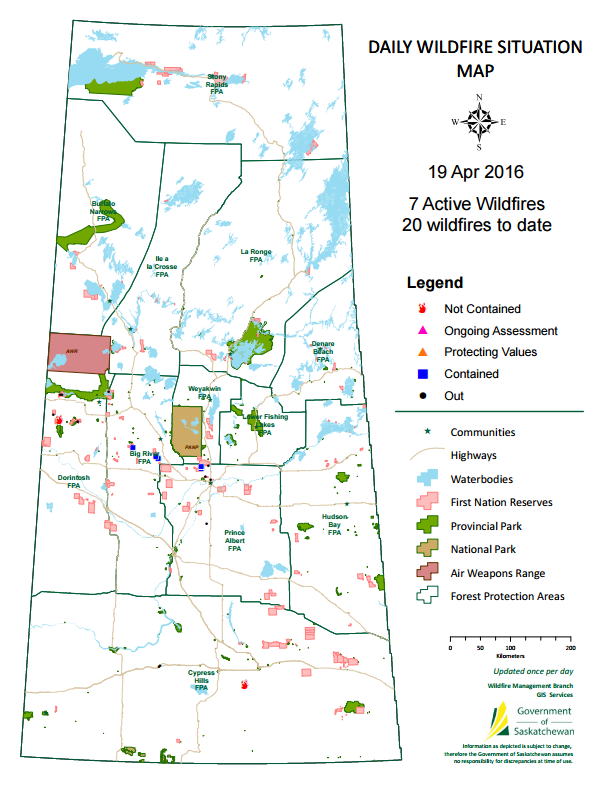 Saskatchewan’s Daily Wildfire Map as of April 19, 2016.