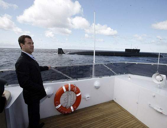 President Dmitry Medvedev with the Borei-class submarine Yury Dolgorukiy in the background.
