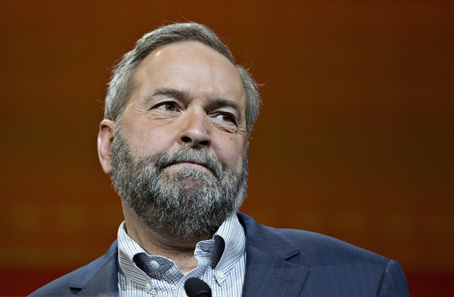 Federal NDP Leader Tom Mulcair makes a speech during the 2016 NDP Federal Convention in Edmonton Alta, on Sunday, April 10, 2016.