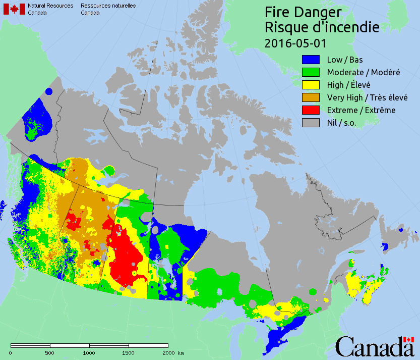 Many parts of Saskatchewan and Alberta are under an extreme risk for forest fires according to the latest data from Natural Resources Canada.