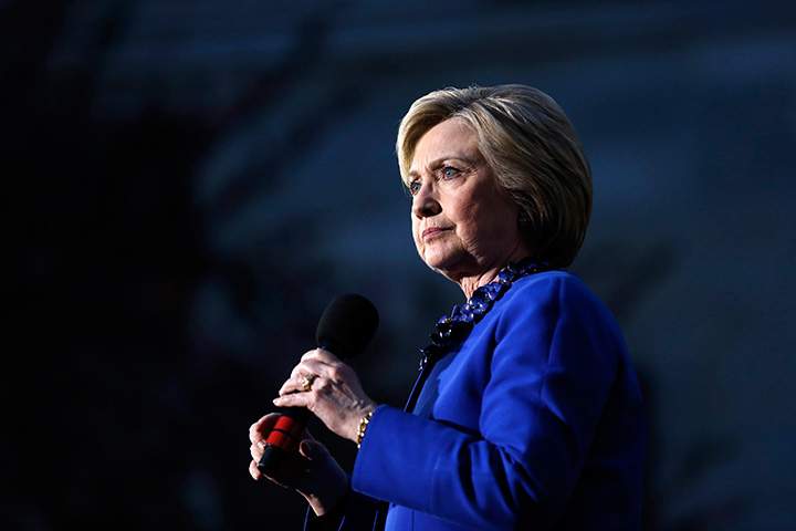Democratic presidential candidate Hillary Clinton speaks during a campaign stop, Monday, April 25, 2016, at City Hall in Philadelphia. 