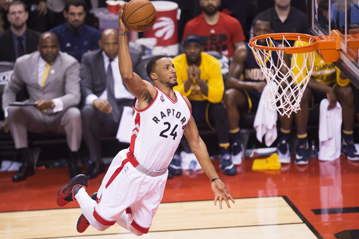 Toronto Raptors guard Norman Powell (24) slam dunks the ball against the Indiana Pacers.