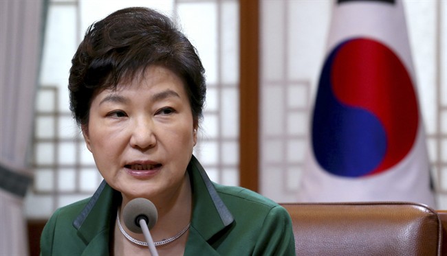 South Korean President Park Geun-hye speaks during a regular meeting with her top aides at the presidential house in Seoul, South Korea, Monday, April 18, 2016.