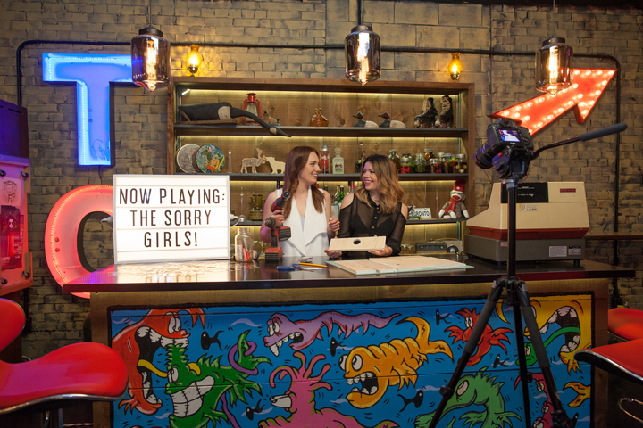 Kelsey MacDermaid and Becky Wright, aka The Sorry Girls, filming in YouTube Space Toronto.