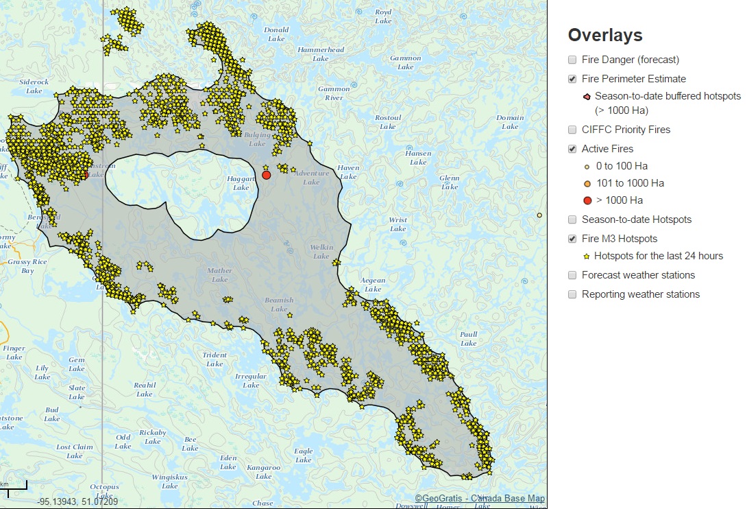 Map showing the wildfire perimeter and hotspots in the last 24 hours in the Whiteshell area.