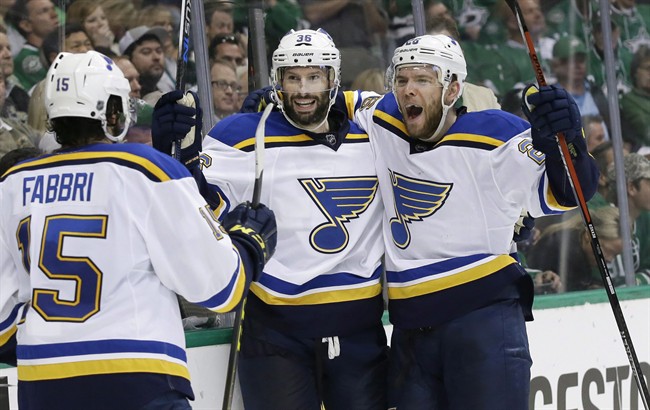 St. Louis Blues’ Troy Brouwer (36) celebrates his goal with teammates Paul Stastny (26) and Robby Fabbri (15) during the second period of Game 7 of the NHL hockey Stanley Cup Western Conference semifinals against the Dallas Stars Wednesday, May 11, 2016, in Dallas.