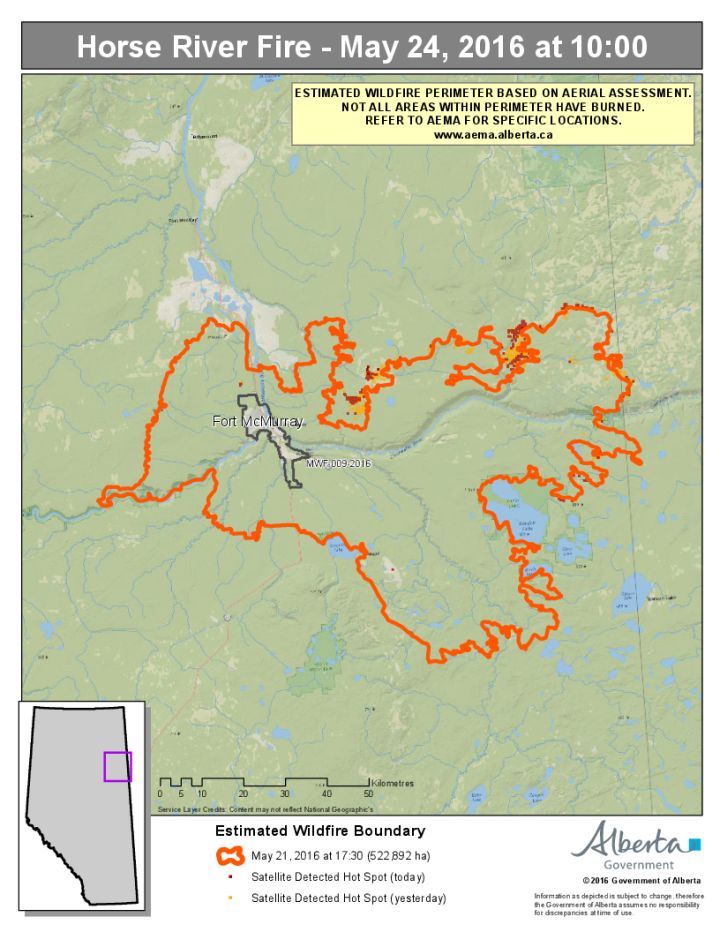 A map showing the estimated wildfire perimeter of the Horse River wildfire (Fort McMurray wildfire) as of 10 a.m. on May 24, 2016. Areas marked in red show where hot spots were detected on May 24, 2016 and areas marked in yellow show where hot spots were detected on May 23, 2016.