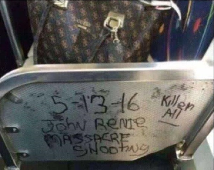 A photograph of the graffiti threat, Thursday, May 12, 2016.