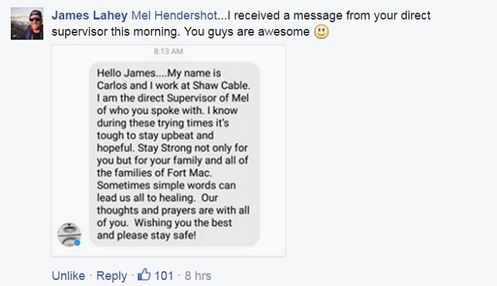 James Lahey shared a message from Mel Hendershot’s supervisor after he reached out to Shaw Cable to praise the woman for her help over the phone.