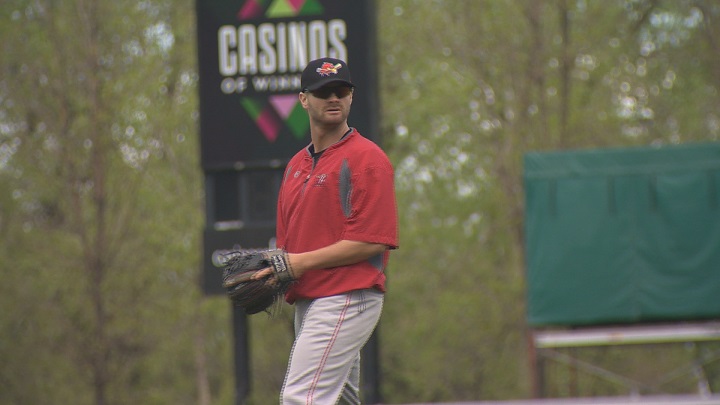 Former Goldeyes slugger Josh Mazzola warms up at Shaw Park.