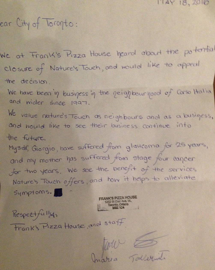 Handwritten letter supporting medical marijuana dispensaries.