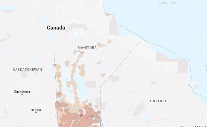 MTS wireless coverage in Manitoba, which includes 4G LTE and 4G HSPA+.