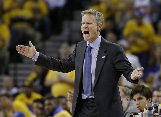 Golden State Warriors head coach Steve Kerr yells during the first half of Game 1 of the NBA basketball Western Conference finals between the Warriors and the Oklahoma City Thunder in Oakland, Calif., Monday, May 16, 2016. (AP Photo/Marcio Jose Sanchez)